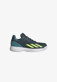Baskets de sport avec une tige en mesh bleu canard foncé, des rayures jaunes néon, une semelle blanche rembourrée et un col rembourré pour le soutien. Design léger.