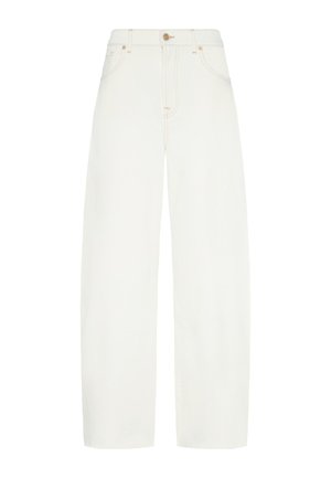 Jean large blanc en denim, doté d'une taille haute, de coutures visibles et d'une fermeture à bouton à l'avant. Conception à cinq poches.