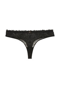 String noir en dentelle avec un motif floral, des bords festonnés et un nœud au centre. Matériau léger avec une texture semi-transparente.
