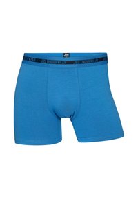 Blue boxer shorts made from soft fabric, featuring a black elastic waistband with "JBS UNDERWEAR" printed in blue. Smooth texture, fitted design.