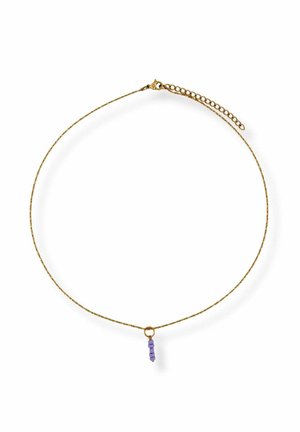 Delicate gold chain necklace with small purple bead pendant and adjustable clasp on a white background.