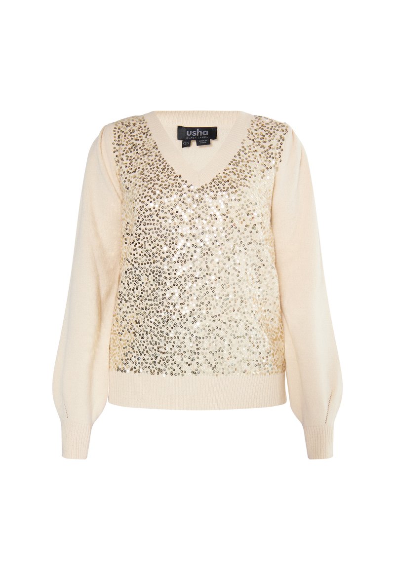 Beige trui met een V-halsontwerp, voorzien van een goudkleurige, met pailletten afgewerkte voorkant, en lange, iets opgeblazen mouwen. Zacht gebreid materiaal.