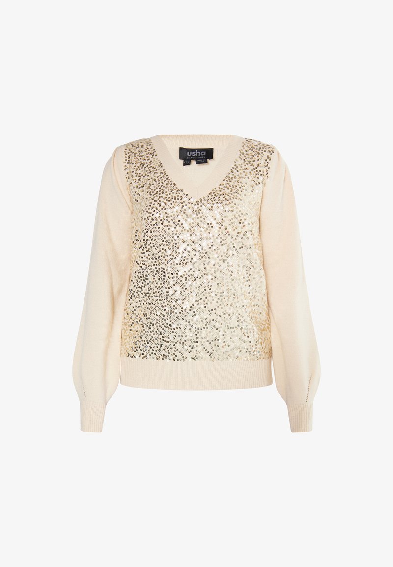 Beige trui met een V-halsontwerp, voorzien van een goudkleurige, met pailletten afgewerkte voorkant, en lange, iets opgeblazen mouwen. Zacht gebreid materiaal.
