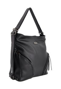 Black leather tote bag with a textured finish, featuring two zippered pockets, a top handle, and an adjustable shoulder strap.