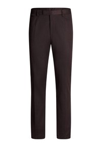 Braune maßgeschneiderte Hose aus glattem Stoff, mit geradem Bein, Gürtelschlaufen und zwei seitlichen Taschen mit subtiler Textur.