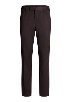 Braune maßgeschneiderte Hose aus glattem Stoff, mit geradem Bein, Gürtelschlaufen und zwei seitlichen Taschen mit subtiler Textur.