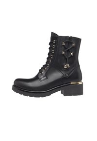 Black leather ankle boot with a sturdy block heel, lace-up front, and triangular accents on the side. Smooth texture with gold hardware detail.