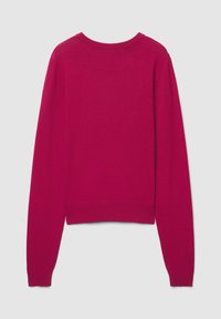 Fuchsienfarbener Pullover mit langen Ärmeln, rundem Ausschnitt sowie gerippten Bündchen und Saum. Glatte, weiche Textur, schlichtes Design und einfarbig.