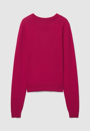 Fuchsienfarbener Pullover mit langen Ärmeln, rundem Ausschnitt sowie gerippten Bündchen und Saum. Glatte, weiche Textur, schlichtes Design und einfarbig.