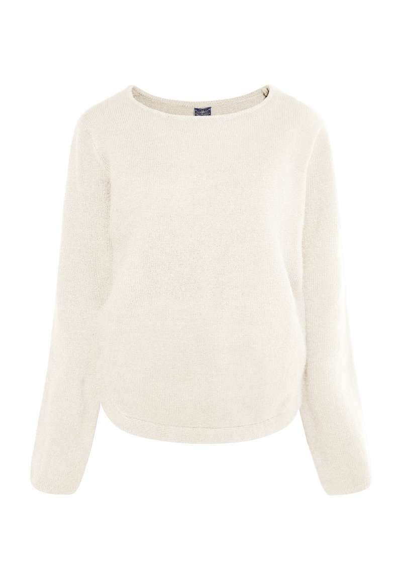 Cremfarbener Pullover mit einer weichen, strukturierten Oberfläche, Rundhalsausschnitt, langen Ärmeln und einem lässigen Schnitt. Keine auffälligen Muster oder Akzente.