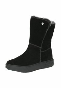 Stivaletti neri in suede con un morbido colletto in pelliccia sintetica grigia, cuciture bianche e una suola in gomma nera texturizzata.