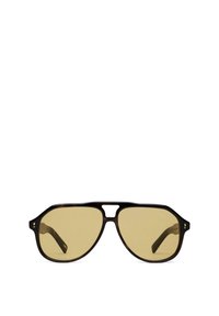 Braune Schildpatt-Sonnenbrille mit hexagonalen Gläsern. Verfügt über ein einzigartiges Brückendesign und dunkelbraune Bügel mit dezentem Branding an der Fassung.