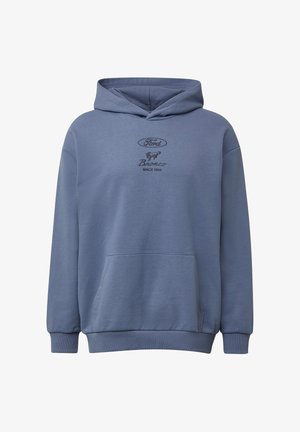 Blauwe katoenen hoodie met een voorktas, geribbelde mouwuiteinden en een grafische logo-opdruk van "Ford Bronco Since 1966" op de borst.