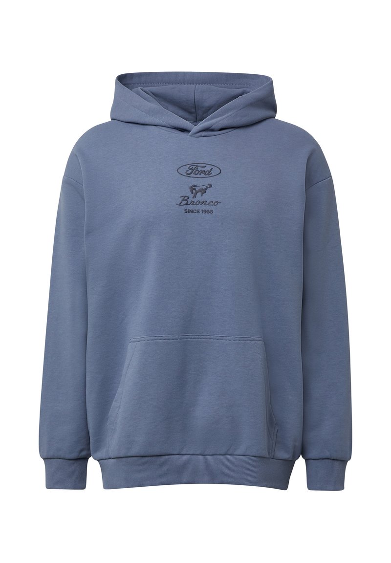 Niebieska bawełniana bluza z kapturem z przednią kieszenią, ściągaczami oraz graficznym nadrukiem "Ford Bronco Since 1966" na klatce piersiowej.