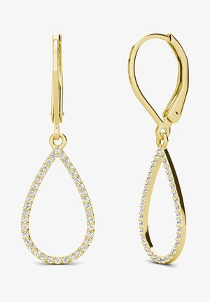 Boucles d'oreilles en or en forme de goutte, présentant un design en boucle, ornées de pierres précieuses transparentes le long du bord, mettant en valeur une finition polie et une texture lisse.