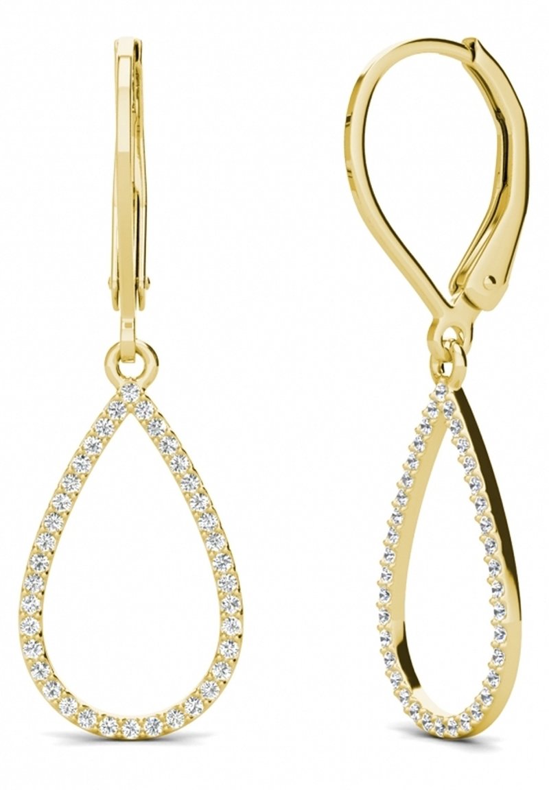 Goldene Tropfenohrringe mit einem Schlaufen-Design, verziert mit klaren Edelsteinen entlang der Kante, die eine polierte Oberfläche und eine glatte Textur zeigen.