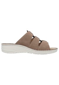 Brown suede slide sandal with three wide straps, padded footbed, and a white cushioned sole. Lightweight design for comfort.