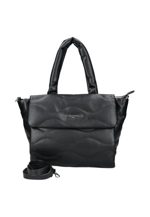 Sac à main en cuir matelassé noir avec deux poignées rembourrées, poche à rabat frontale, fermeture éclair, détail logo et bandoulière amovible enroulée à côté.