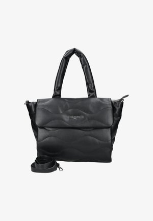 Sac à main en cuir matelassé noir avec deux poignées rembourrées, poche à rabat frontale, fermeture éclair, détail logo et bandoulière amovible enroulée à côté.