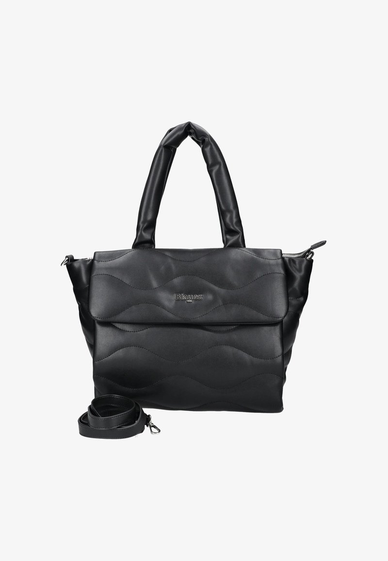 Sac à main en cuir matelassé noir avec deux poignées rembourrées, poche à rabat frontale, fermeture éclair, détail logo et bandoulière amovible enroulée à côté.
