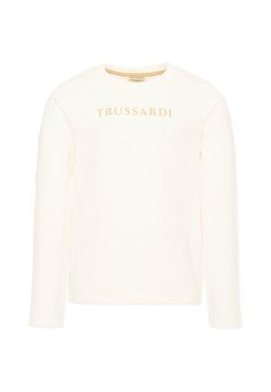 Sweat-shirt blanc à manches longues avec col rond et logo beige "TRUSSARDI" imprimé sur la poitrine.