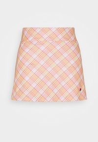 Falda de cuadros en melocotón, naranja y blanco. Tela suave con forma acampanada, una cinturilla ancha y un pequeño logo como acento en el dobladillo.