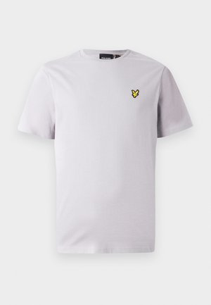 Light grey cotton t-shirt featuring a crew neck and short sleeves, with a small yellow embroidered bird logo on the left chest.