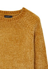 Senfgelber Pullover mit geripptem Textur, im Crewneck-Stil und mit Raglanärmeln. Das Etikett trägt die Aufschrift "CALLIOPE", Größe S.