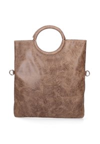 Borsa a tote in ecopelle marrone con superficie texture, dotata di manico circolare e attacchi laterali in metallo. Design rettangolare semplice.