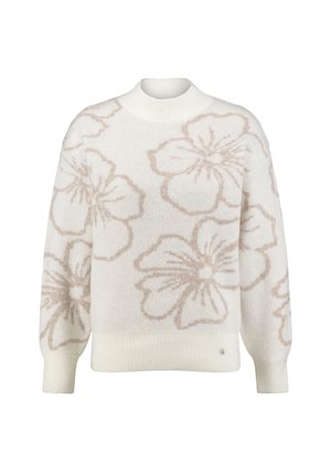 Maglione a maglia crema con grandi motivi floreali beige, collo alto a costine, polsini e orlo, esposto su uno sfondo bianco.