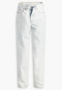 Jeans de mezclilla azul claro con un corte recto, cintura alta, cierre frontal de botón y cinco bolsillos. Textura desgastada con áreas descoloridas.