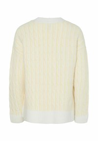 Kreminės spalvos megztinis su reljefiniu pynimo raštu, su ribojama apačia ir rankogaliais bei šiek tiek laisvesne forma. Nugaros vaizdas atskleidžia dizaino detales.