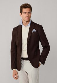 Mann trägt dunkelbraunes Sakko, hellen Pullover über blauem Hemd, helle Hose und gemustertes Einstecktuch, steht mit einer Hand in der Tasche.