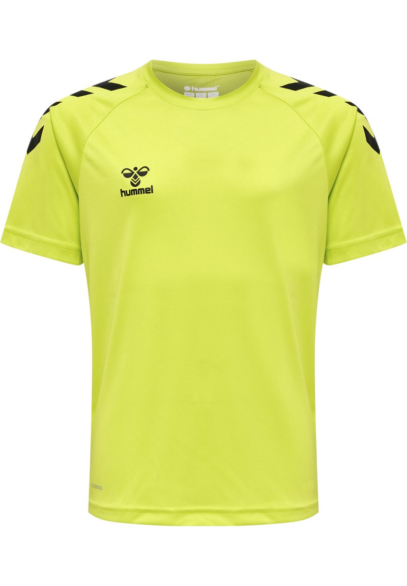 Lys gul kortærmet atletisk skjorte lavet af letvægtsstof. Sorte trekantede detaljer på skuldrene med Hummel-logoet.