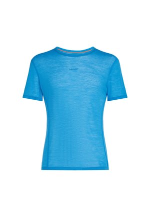 Blue short-sleeved T-shirt made of breathable mesh fabric. Features a round neckline and contrasting inner neckline detail.