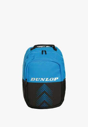 Blauwe en zwarte Dunlop rugzak met voorvak met rits en gestippeld chevronpatroon op het onderste zwarte gedeelte.