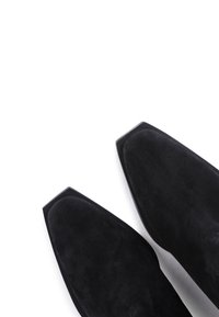 Sorte suede ankelstøvler med et stilrent design, med spiss tå og en glatt gummisåle. Teksturert overdel gir visuell interesse.
