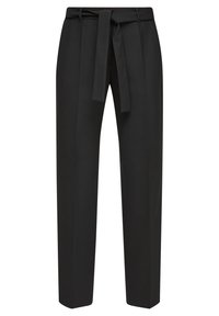 Pantalon noir taille haute sur mesure, avec passants de ceinture et ceinture assortie en tissu, coupe droite avec plis sur le devant.