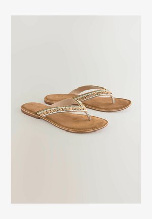 Barna flip-flop szandálok, párnázott talpbetéttel, bézs, fehér és aranyfonott díszítéssel a pánton, ami extra részletességet ad.