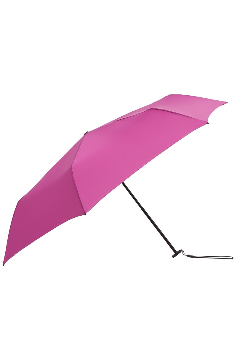 Ombrello rosa con otto pannelli, struttura e manico in metallo nero, progettato per la protezione dal sole o dalla pioggia, dotato di un cinturino per una maggiore portabilità.