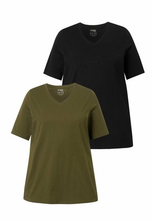 Due magliette a V in cotone, una nera e una verde oliva. Maniche corte, vestibilità comoda. Etichette visibili all'interno del collo.