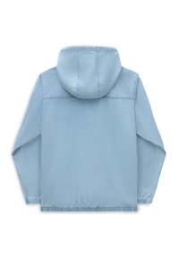 Lichtblauwe denimjas met capuchon, met een rechte snit, elastische cinch aan de zoom en een zachte textuur. Geen zichtbare hardware.