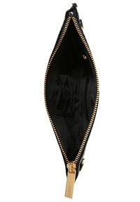 Portafoglio nero con zip, finitura lucida, hardware dorato e texture liscia; l'interno presenta una fodera nera e una tasca aggiuntiva.