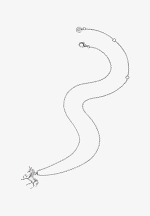 Sidabrinė apyrankė su vienaragio pakabuku, akcentuota rožine spalva, sudėtinga grandinėlės konstrukcija ir užsegimu su omarų užsegimu.