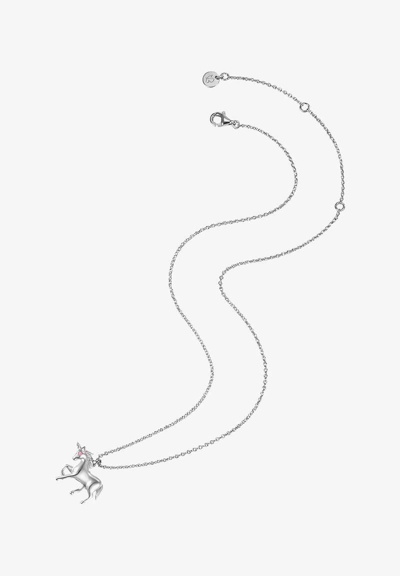 Hõbedane kaelakee, millel on ükssarv pendant roosa aktsendi ja keeruka kettadisainiga, moodustades karabiiniga sulgemise.