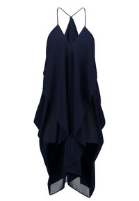 Robe sans manches bleu marine avec fines bretelles et ourlet superposé asymétrique, en tissu léger et fluide.