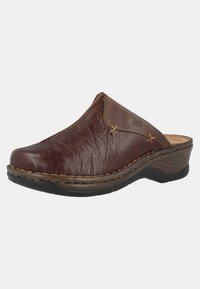 Brown leather clog with a textured finish, featuring a rounded toe, stitched detailing, and a low, curved heel for support.