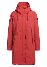 Red, long parka jacket made of lightweight fabric. Features a hood, adjustable drawstrings, two zippered front pockets, and logo accents.