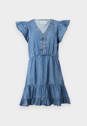 Robe en denim avec des manches courtes volantées, un décolleté en V et cinq boutons à l'avant. Elle présente une jupe à volants et une taille froncée pour un ajustement décontracté.