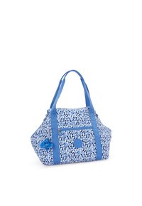 Borsa a tracolla blu con motivo, dotata di due manici resistenti, una tasca frontale con zip e un accento decorativo a pompon. Realizzata in tessuto resistente.